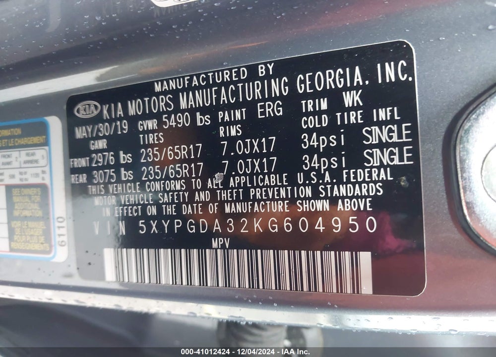 2019 KIA SORENTO 2.4L LX VIN: 5XYPGDA32KG604950