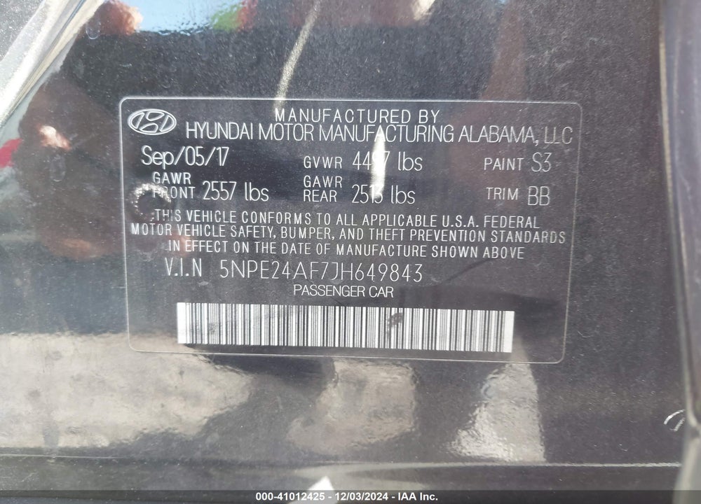 2018 HYUNDAI SONATA VIN: 5NPE24AF7JH649843