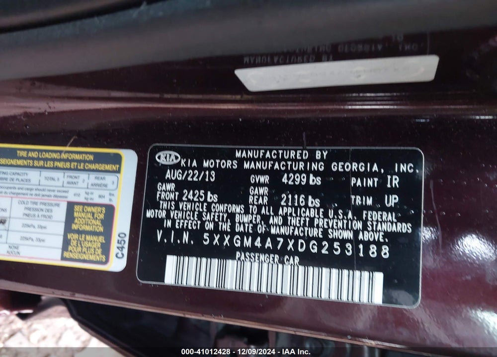 2013 KIA OPTIMA LX VIN: 5XXGM4A7XDG253188