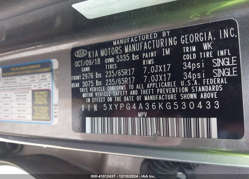 2019 KIA SORENTO 2.4L L VIN: 5XYPG4A36KG530433
