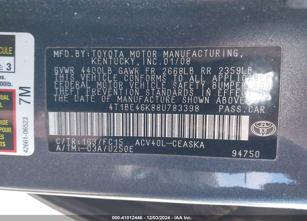 2008 TOYOTA CAMRY SE VIN: 4T1BE46K88U783398