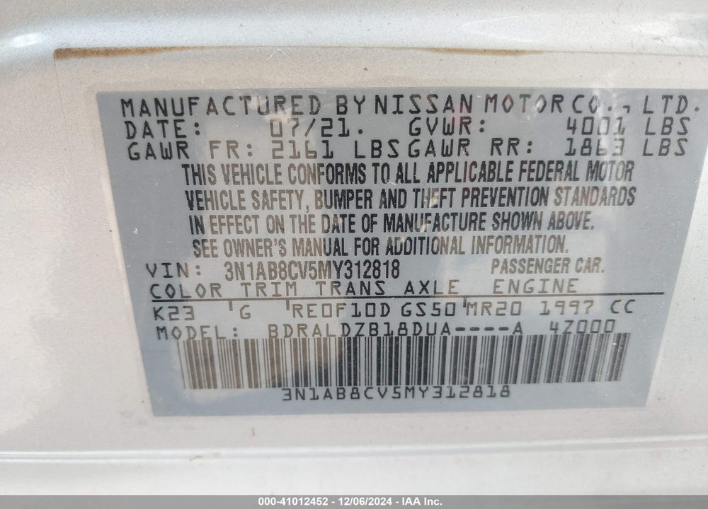 2021 NISSAN SENTRA SV XTRONIC CVT VIN: 3N1AB8CV5MY312818