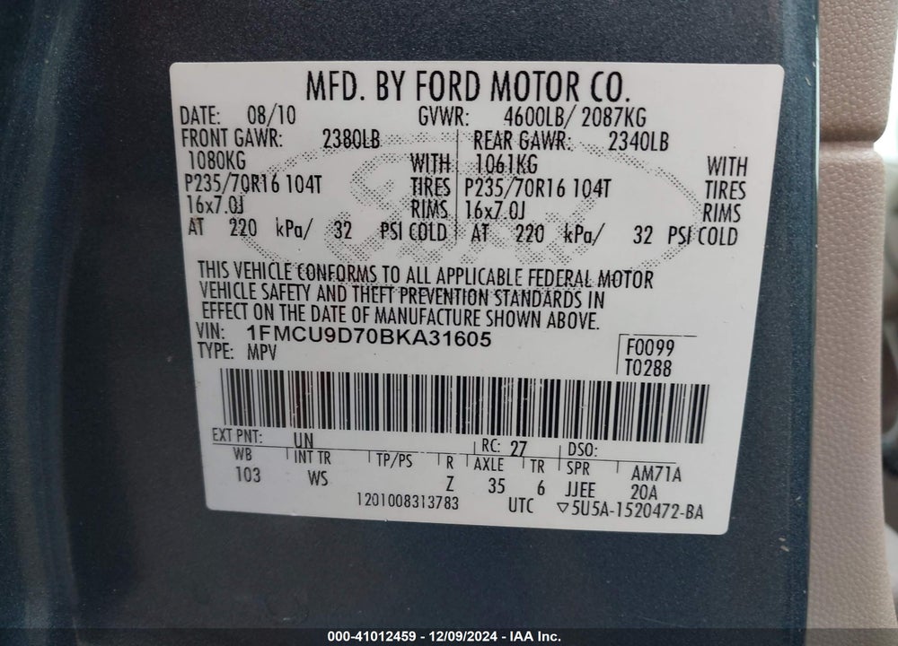 2011 FORD ESCAPE XLT VIN: 1FMCU9D70BKA31605