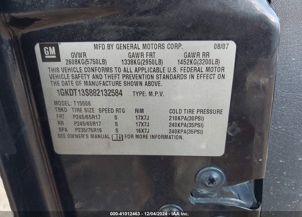2008 GMC ENVOY SLE VIN: 1GKDT13S882132584