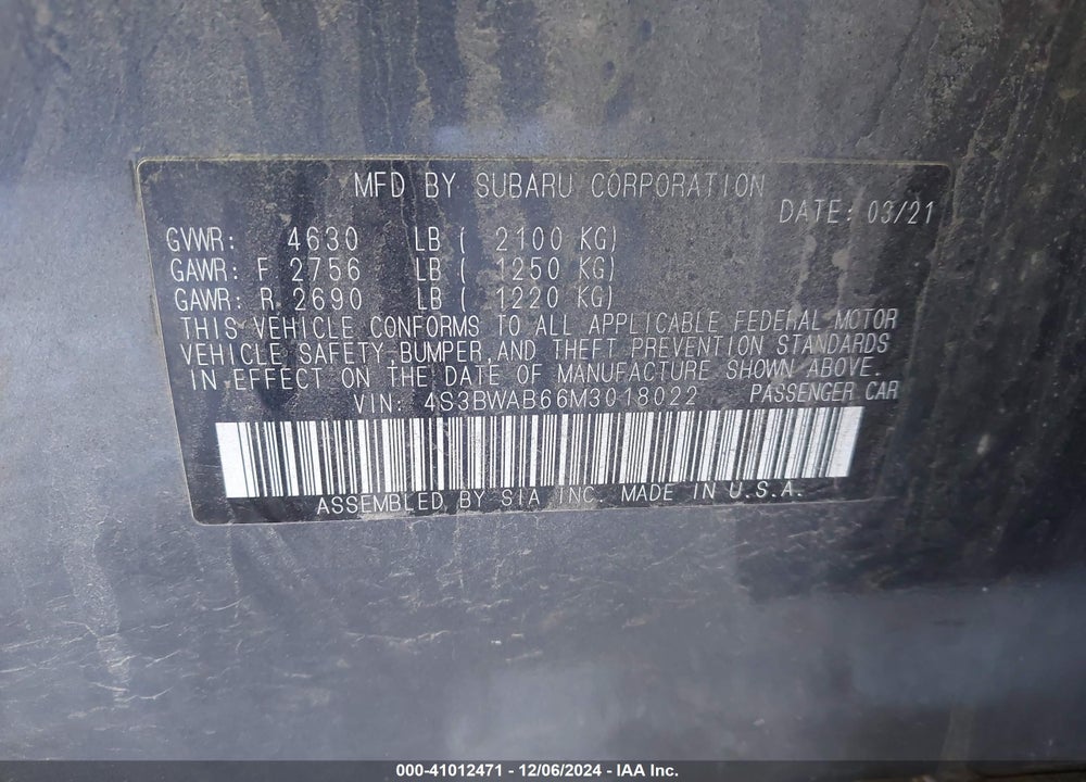 2021 SUBARU LEGACY VIN: 4S3BWAB66M3018022