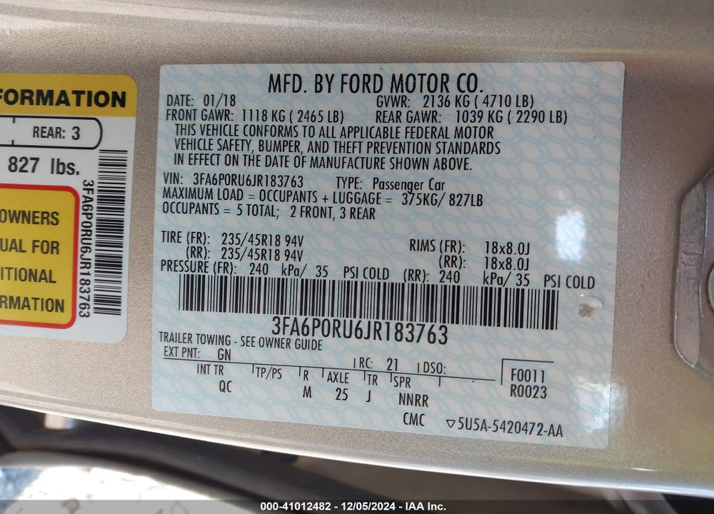 2018 FORD FUSION HYBRID VIN: 3FA6P0RU6JR183763