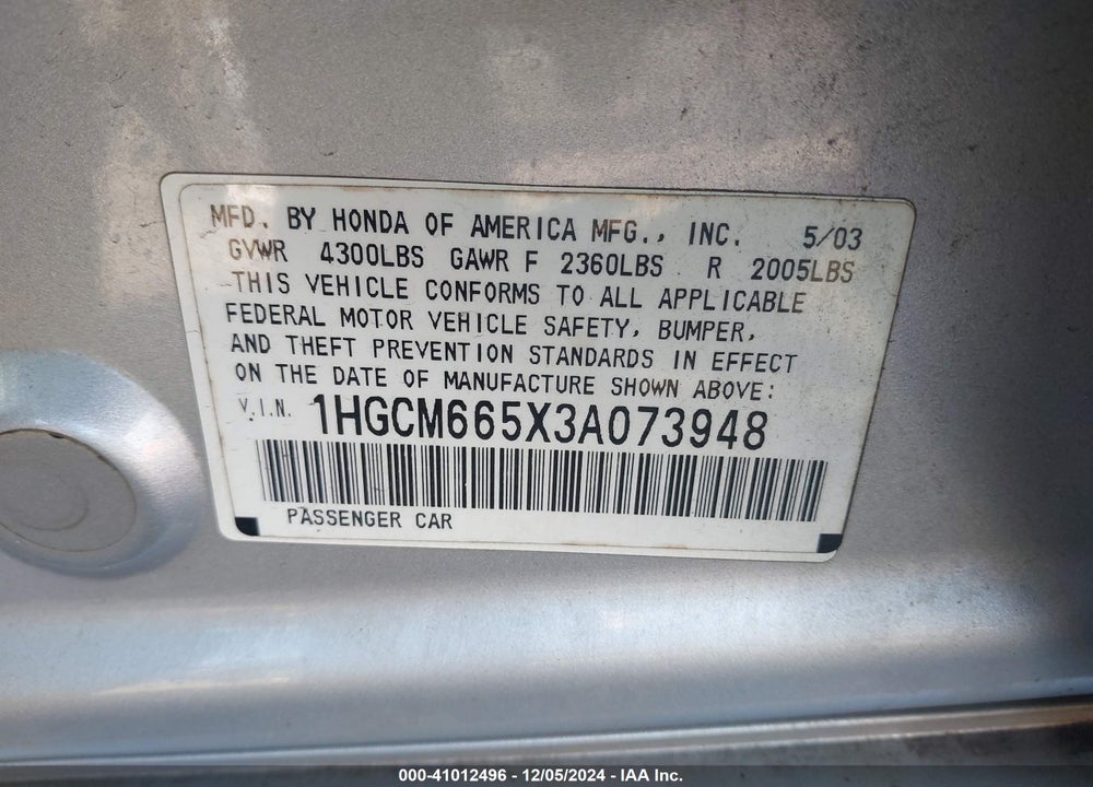 2003 HONDA ACCORD 3.0 EX VIN: 1HGCM665X3A073948