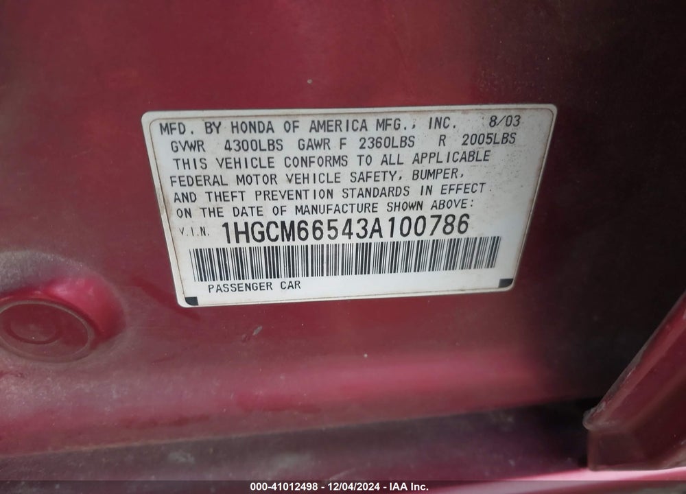 2003 HONDA ACCORD 3.0 EX VIN: 1HGCM66543A100786