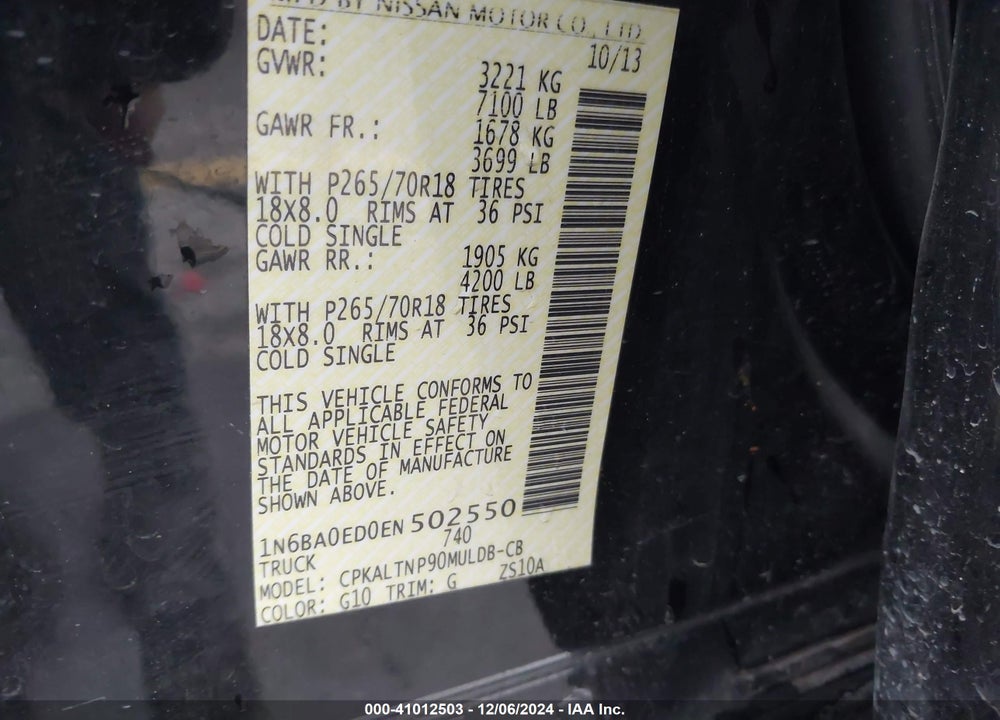 2014 NISSAN TITAN SV VIN: 1N6BA0ED0EN502550