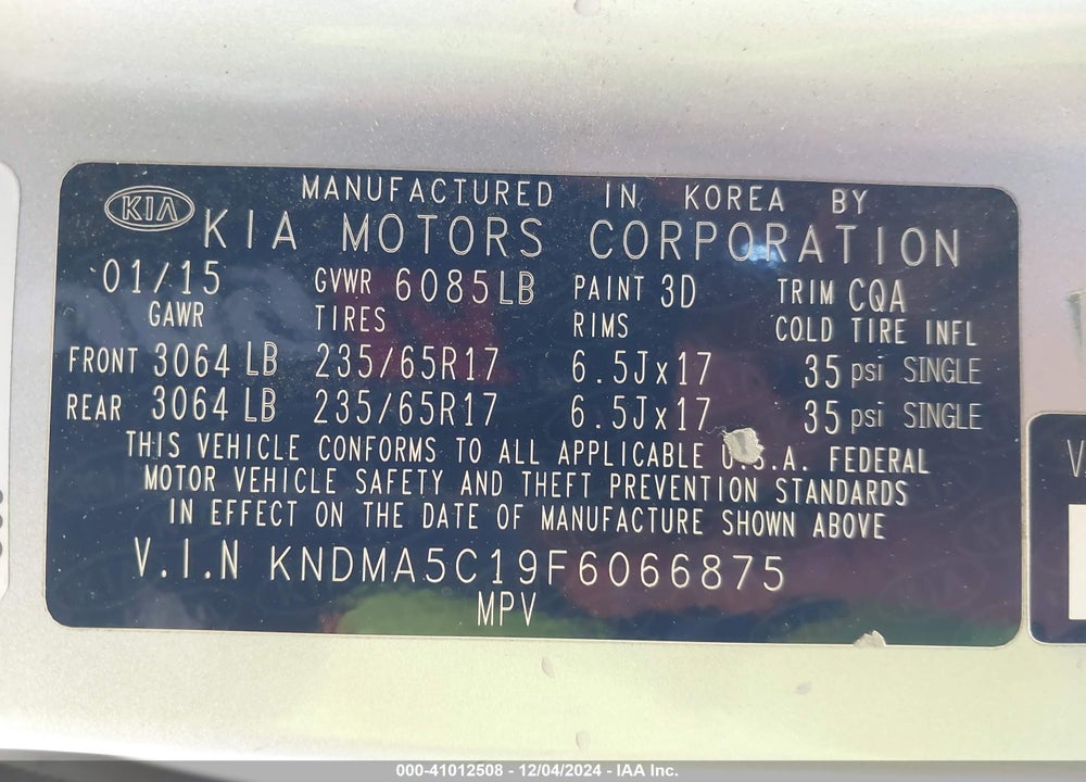 2015 KIA SEDONA L VIN: KNDMA5C19F6066875