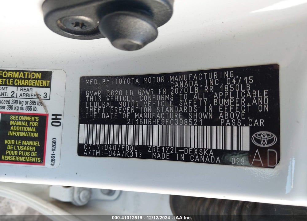 2015 TOYOTA COROLLA S PLUS VIN: 2T1BURHE9FC398521