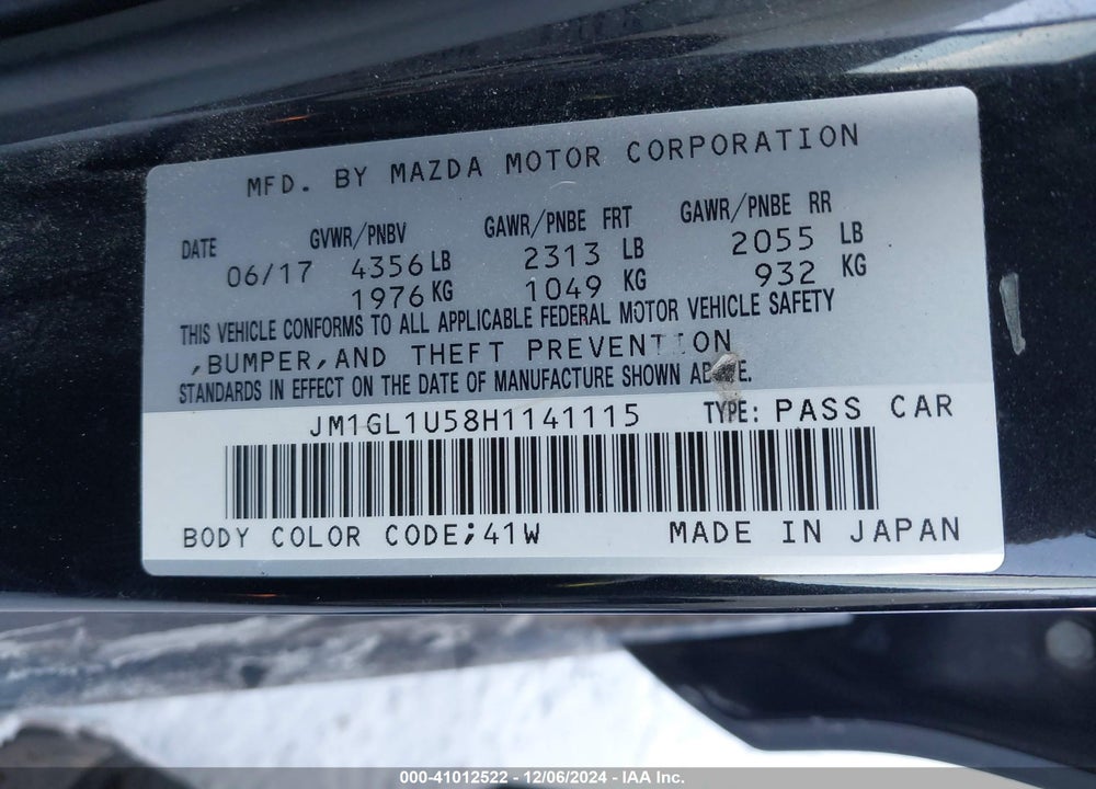 2017 MAZDA 6 SPORT VIN: JM1GL1U58H1141115