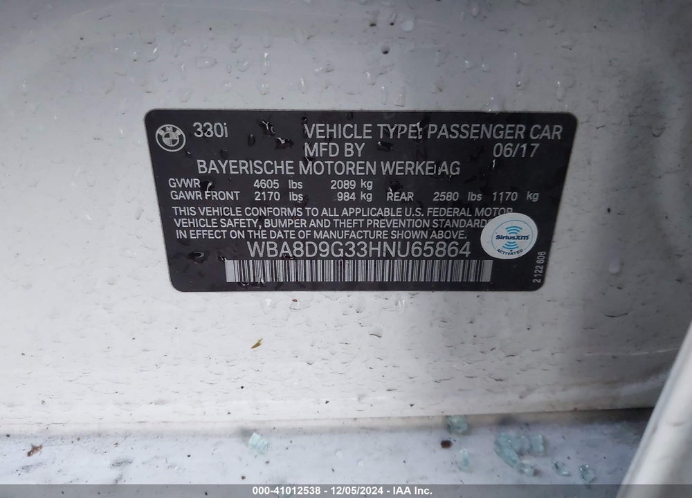 2017 BMW 330I VIN: WBA8D9G33HNU65864