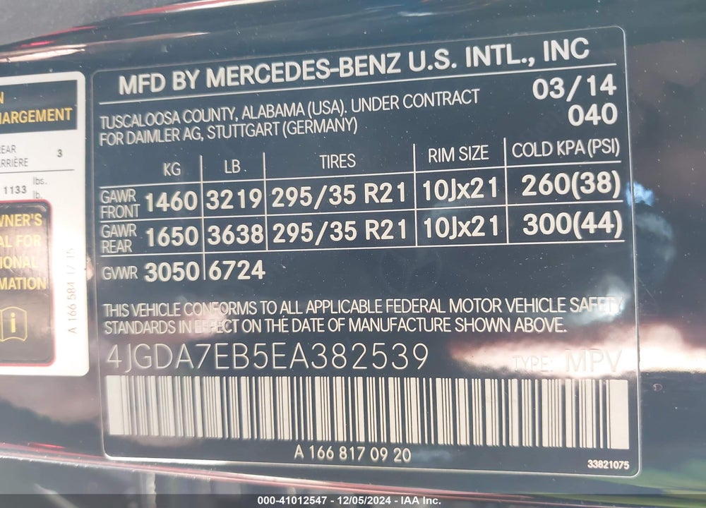 2014 MERCEDES-BENZ ML63AMG VIN: 4JGDA7EB5EA382539