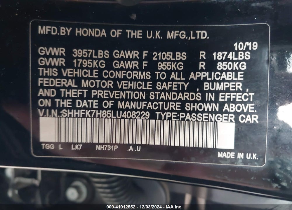 2020 HONDA CIVIC EX-L VIN: SHHFK7H85LU408229