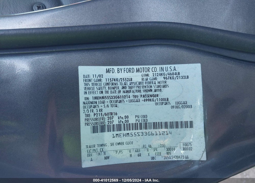 2003 MERCURY SABLE LS PREMIUM VIN: 1MEHM55S33G611214