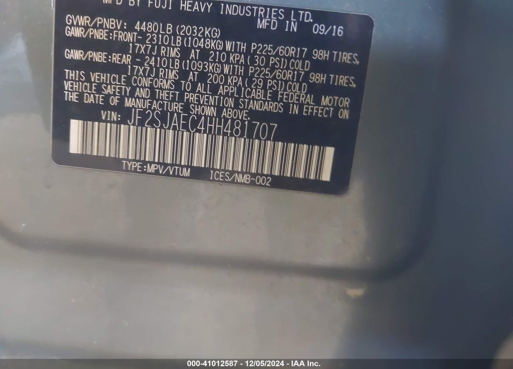 2017 SUBARU FORESTER 2.5I PREMIUM VIN: JF2SJAEC4HH481707