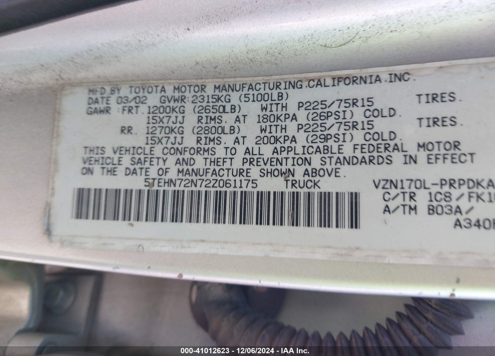 2002 TOYOTA TACOMA BASE V6 VIN: 5TEHN72N72Z061175