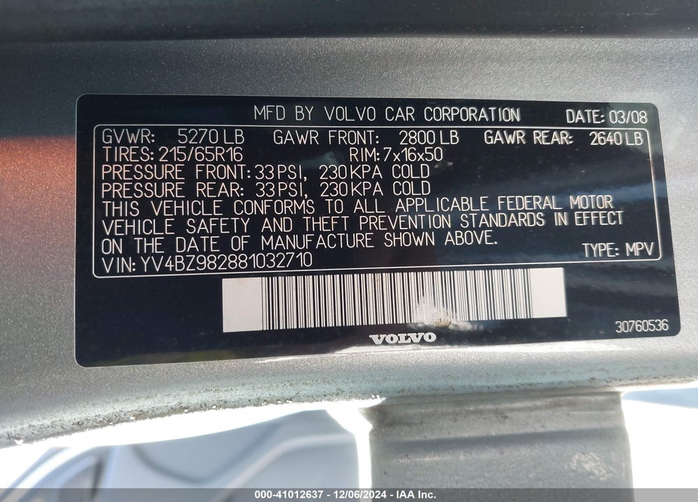 2008 VOLVO XC70 3.2 VIN: YV4BZ982881032710