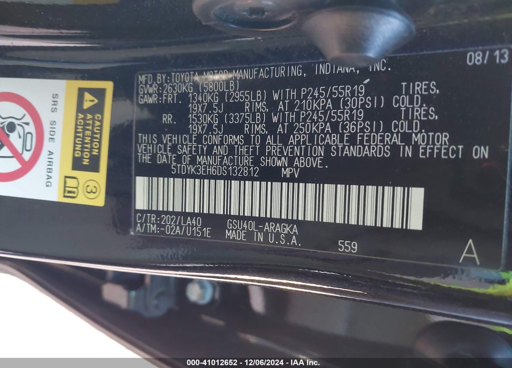 2013 TOYOTA HIGHLANDER LIMITED V6 VIN: 5TDYK3EH6DS132812