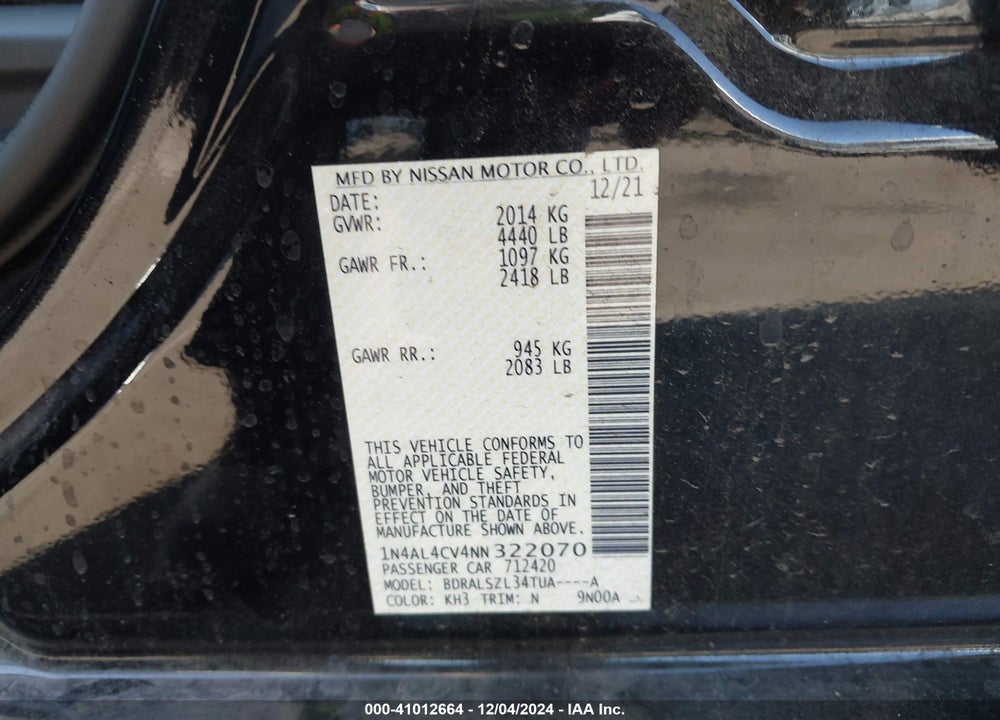 2022 NISSAN ALTIMA SR VC-TURBO FWD VIN: 1N4AL4CV4NN322070