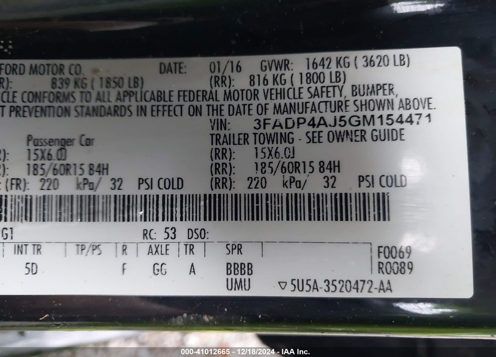 2016 FORD FIESTA S VIN: 3FADP4AJ5GM154471