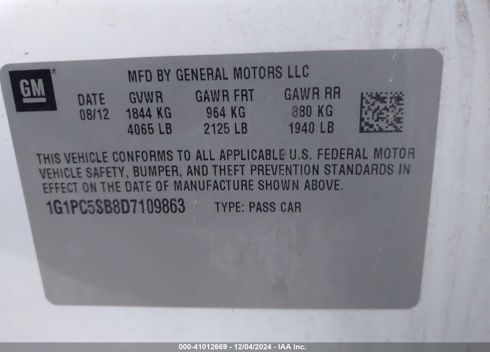 2013 CHEVROLET CRUZE 1LT AUTO VIN: 1G1PC5SB8D7109863