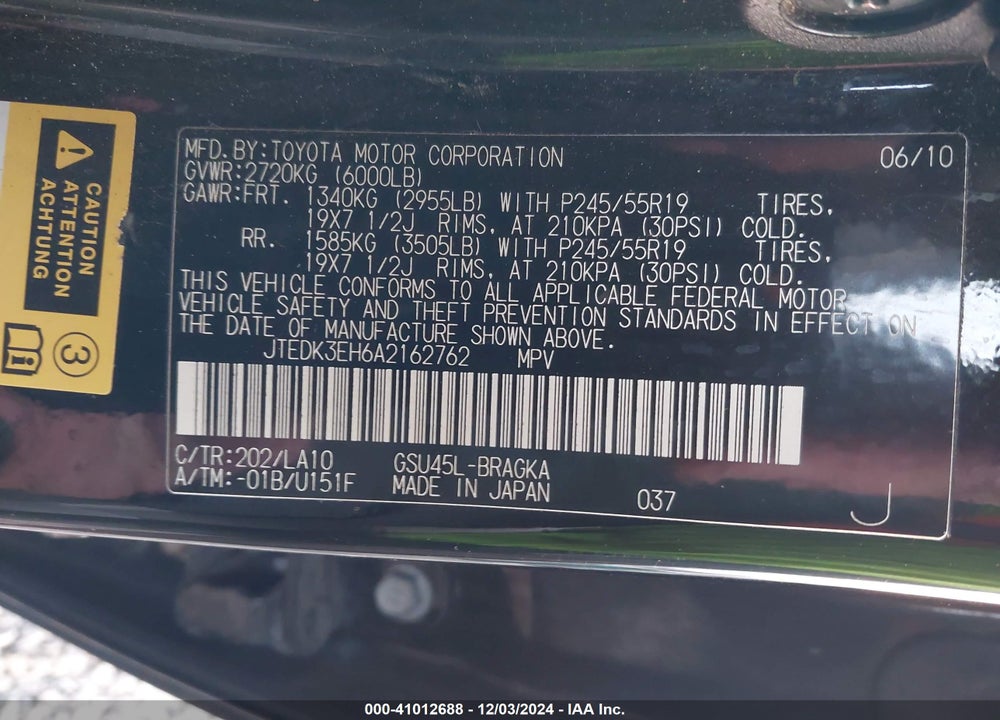 2010 TOYOTA HIGHLANDER LIMITED V6 VIN: JTEDK3EH6A2162762