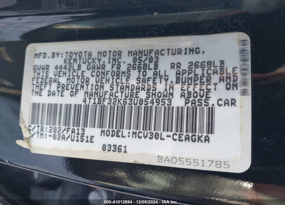 2003 TOYOTA CAMRY XLE V6 VIN: 4T1BF32K63U054953