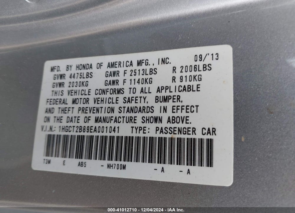 2014 HONDA ACCORD EX-L V-6 VIN: 1HGCT2B89EA001041
