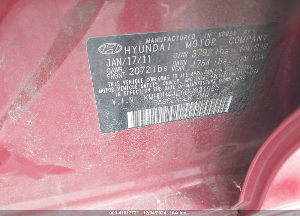 2011 HYUNDAI ELANTRA GLS (ULSAN PLANT) VIN: KMHDH4AE6BU091925