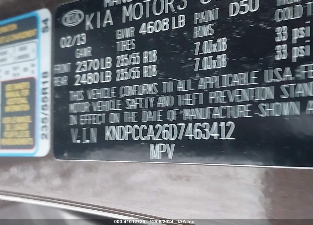 2013 KIA SPORTAGE EX VIN: KNDPCCA26D7463412