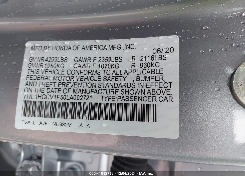 2020 HONDA ACCORD VIN: 1HGCV1F50LA092721