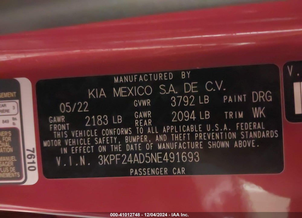 2022 KIA FORTE LXS VIN: 3KPF24AD5NE491693