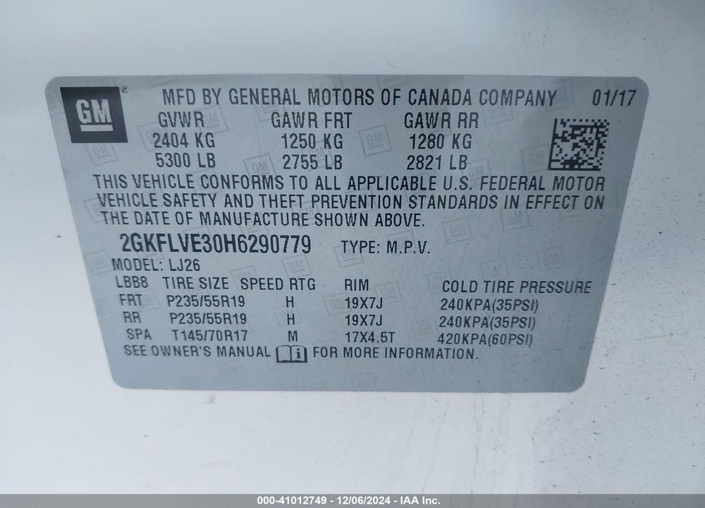 2017 GMC TERRAIN DENALI VIN: 2GKFLVE30H6290779