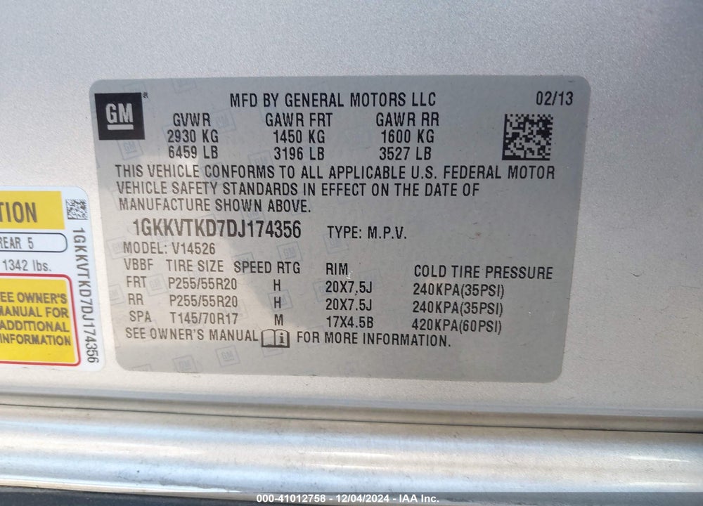 2013 GMC ACADIA DENALI VIN: 1GKKVTKD7DJ174356