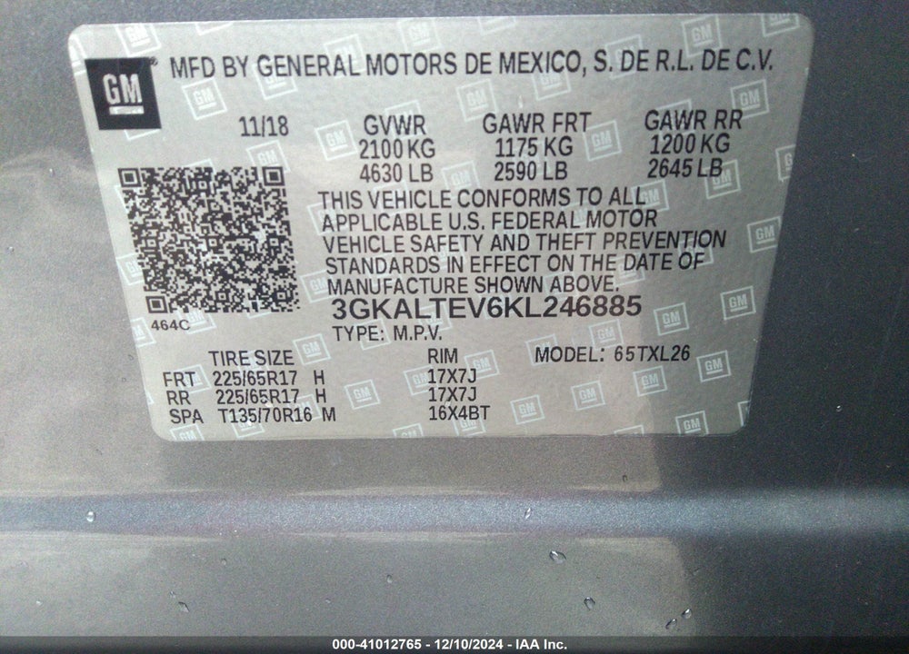 2019 GMC TERRAIN SLE VIN: 3GKALTEV6KL246885