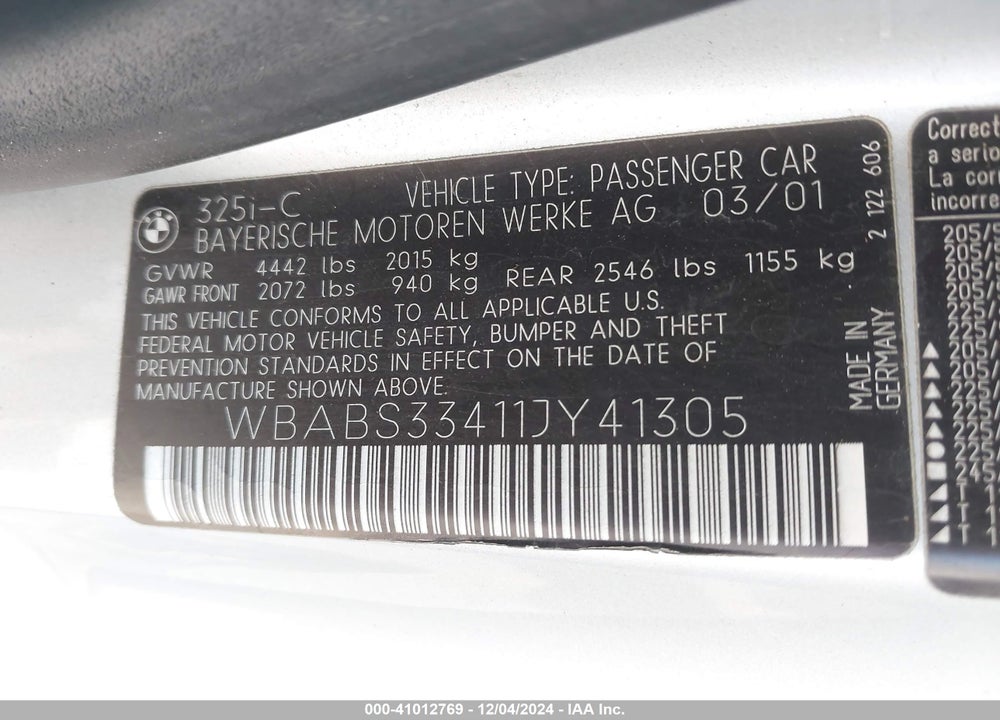 2001 BMW 325CI VIN: WBABS33411JY41305