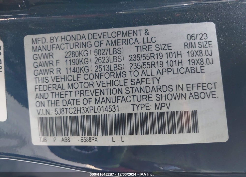 2023 ACURA RDX STANDARD VIN: 5J8TC2H3XPL014531