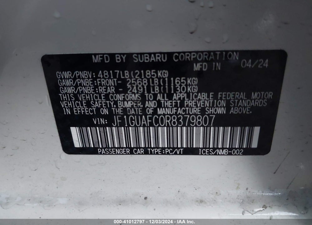2024 SUBARU IMPREZA SPORT 5-DOOR VIN: JF1GUAFC0R8379807