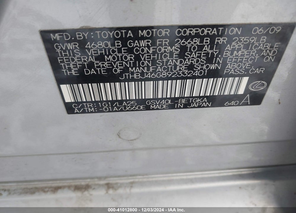 2009 LEXUS ES 350 VIN: JTHBJ46G892332401
