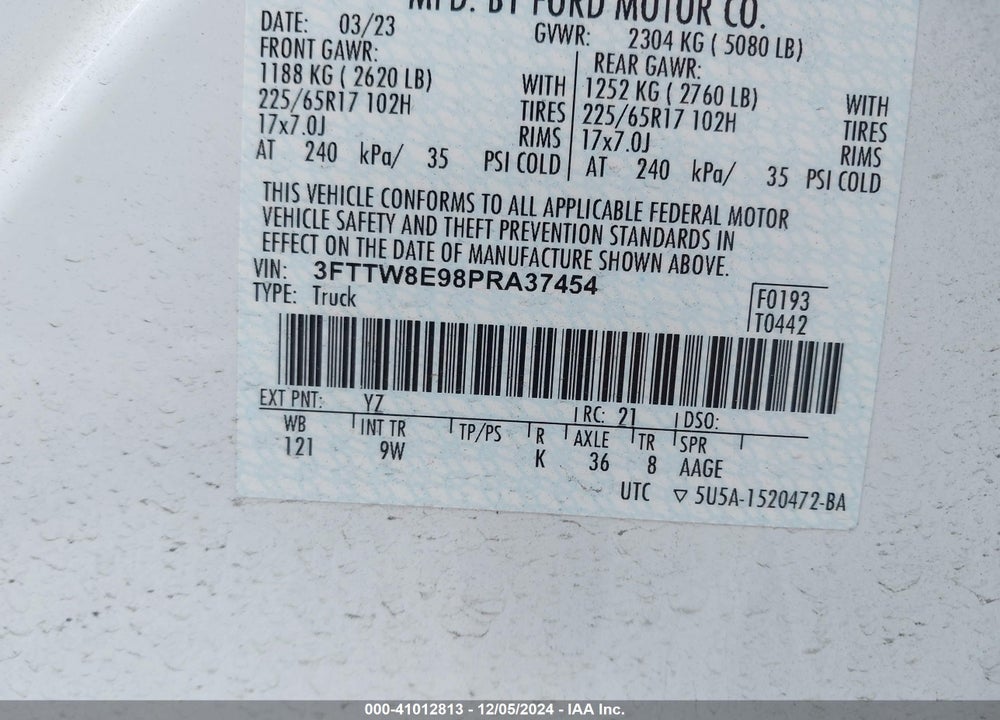 2023 FORD MAVERICK XL VIN: 3FTTW8E98PRA37454