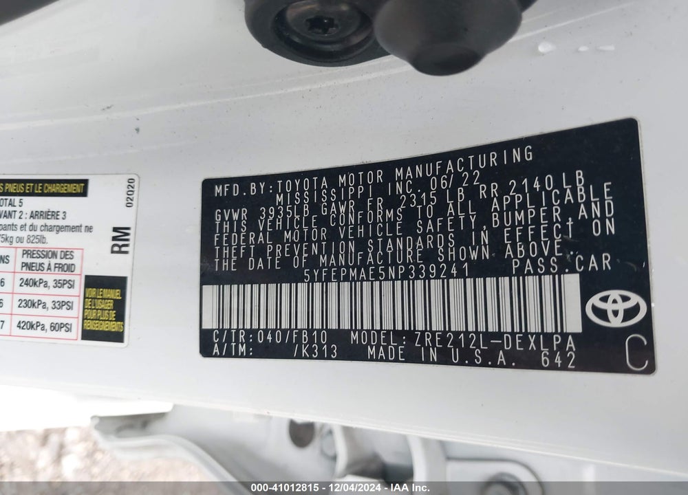 2022 TOYOTA COROLLA LE VIN: 5YFEPMAE5NP339241