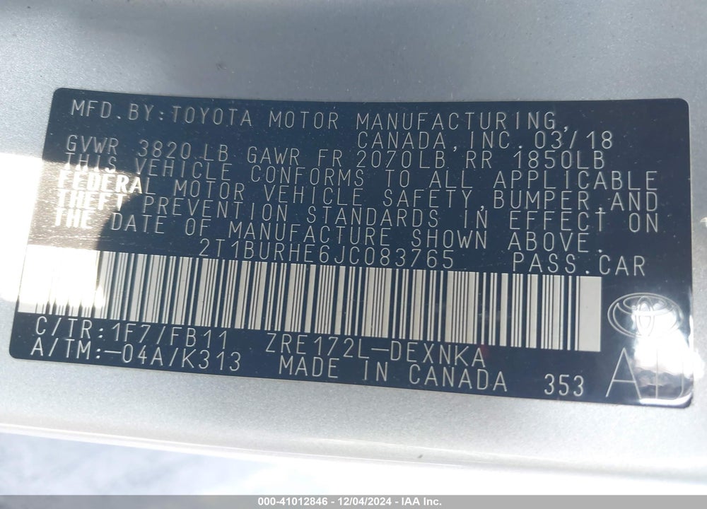 2018 TOYOTA COROLLA LE VIN: 2T1BURHE6JC083765