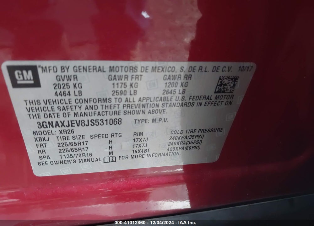 2018 CHEVROLET EQUINOX LT VIN: 3GNAXJEV8JS531068