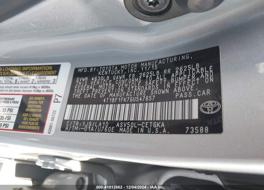 2016 TOYOTA CAMRY XLE VIN: 4T1BF1FK7GU547657