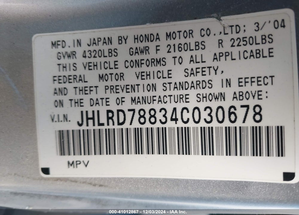 2004 HONDA CR-V EX VIN: JHLRD78834C030678