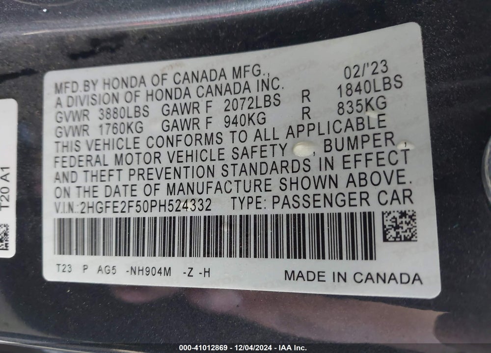 2023 HONDA CIVIC SPORT VIN: 2HGFE2F50PH524332