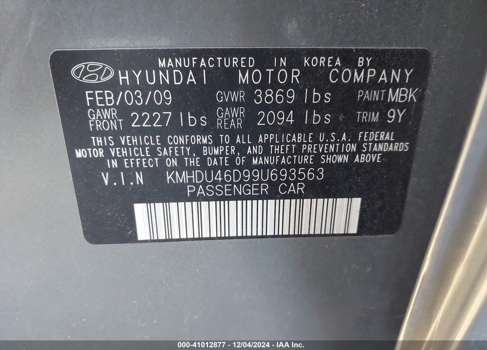 2009 HYUNDAI ELANTRA SE VIN: KMHDU46D99U693563
