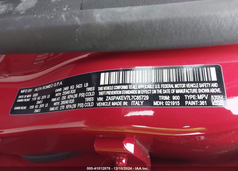 2020 ALFA ROMEO STELVIO QUADRIFOGLIO AWD VIN: ZASPAKEV7L7C85729